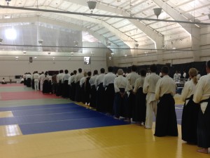 In line to pay our respects to Chiba Sensei at the kamiza, at the end of the chanting service.
