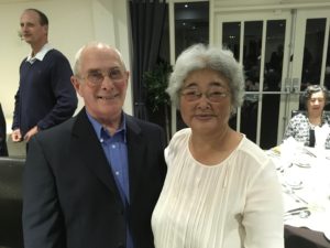 Mrs. Chiba and Eric Beake of London Aikikai at the special memorial dinner in Birmingham, Oct. 8, 2016.